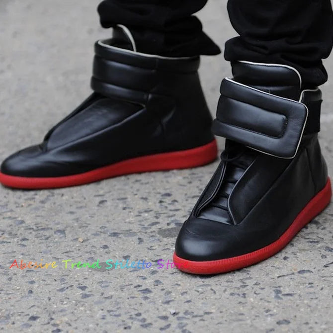 Black Red High Top Sneaker Men Genuine Leather Hook & Loop Casual Comfort Flat Fashion Shoes Trainers Ankle Boot for Men