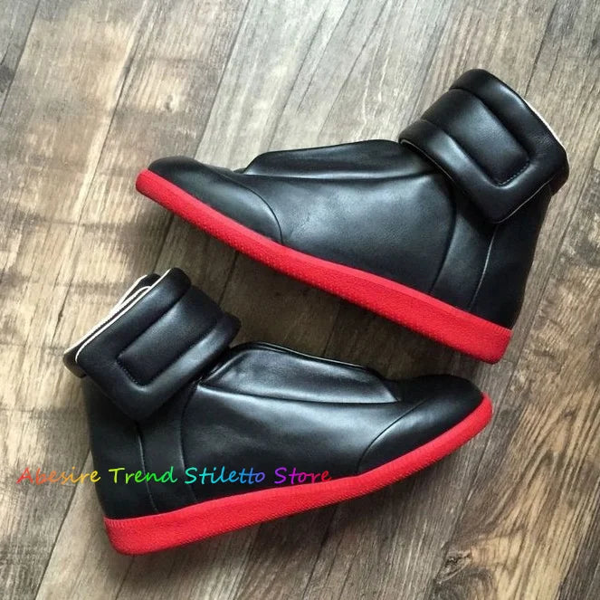 Black Red High Top Sneaker Men Genuine Leather Hook & Loop Casual Comfort Flat Fashion Shoes Trainers Ankle Boot for Men